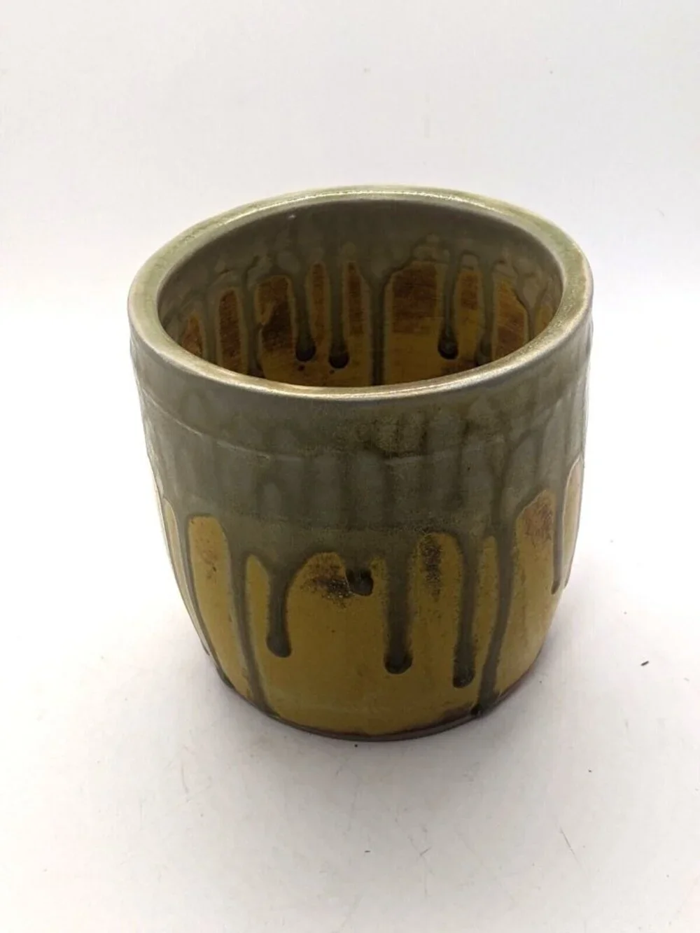 Studio Pottery Pot Vase Planter Yellow Green Drip Glaze Handmade Signed 4.5